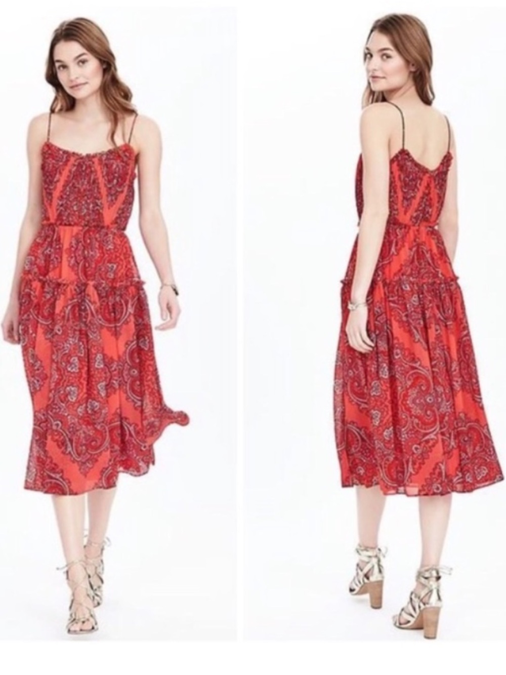 Banana Republic Fire Coral Paisley Strappy Tiered Midi Dress Red Pink size 10